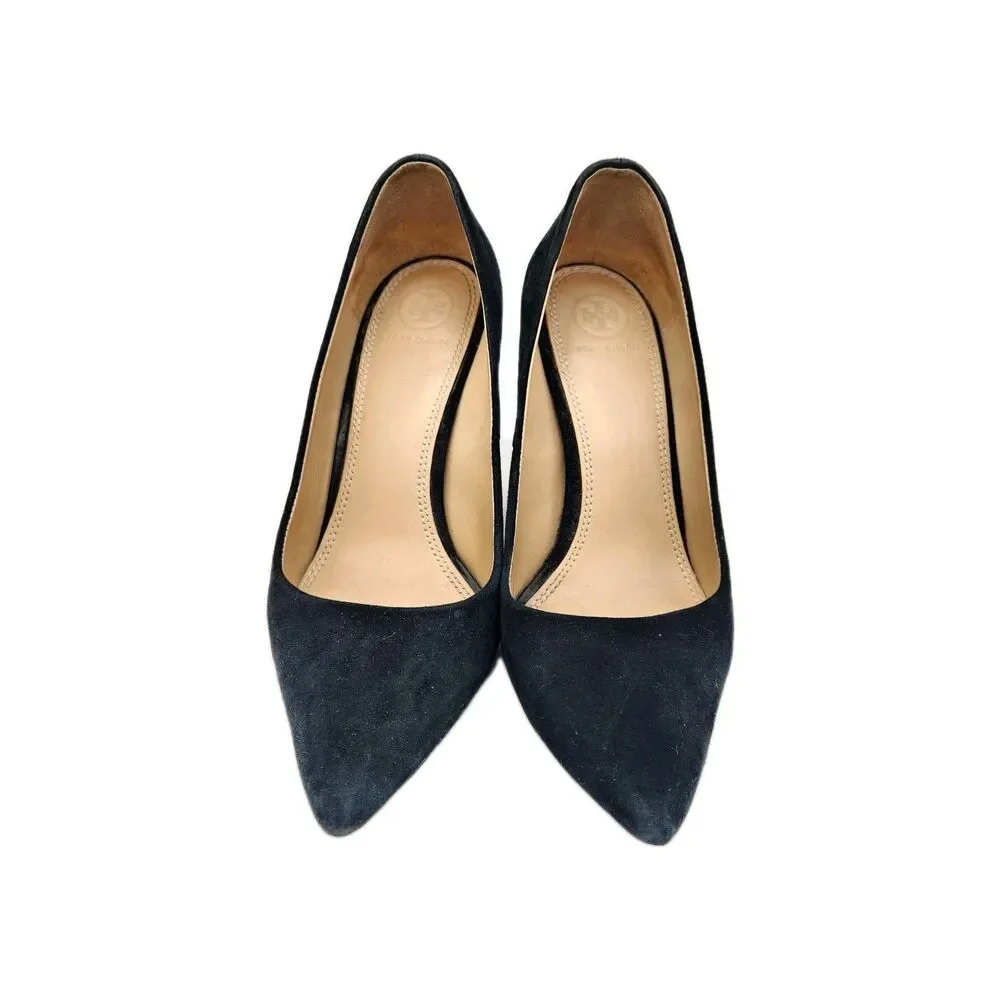 Tory Burch Lanette Black Suede Heels Gold Double T Accent Pumps 8 Quiet Luxury